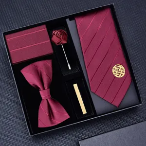 Wine red men wedding tie 5-piece set bow tie pocket square lapel flower tie clip zipper
