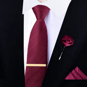 Burgundy mens tie set with golden tie clip lapel pin pocket square for wedding formal wear