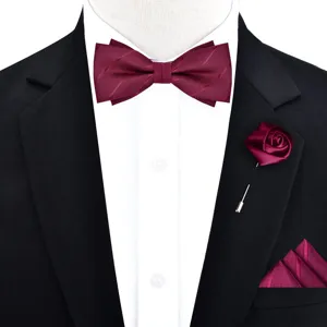 Wine red men bow tie pocket square boutonniere set for wedding groom tuxedo formal wear.