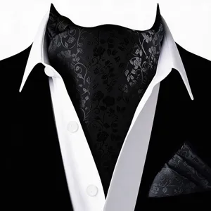 Heren luxe zwarte ascot stropdas pocet set detail bloemen jacquard formele accessoire