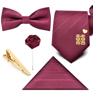 Burgundy wedding tie set for men groom 5-piece accessories necktie bow tie pocket square.