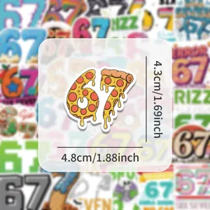 Funny number 67 pizza design waterproof graffiti sticker for laptop and luggage decor.