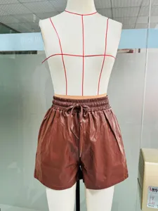 Women vintage high waist drawstring PU leather wide leg casual shorts for summer season