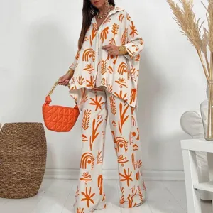Plus size casual tweedelig set losloos hemd met knopen en rechte broek met print.
