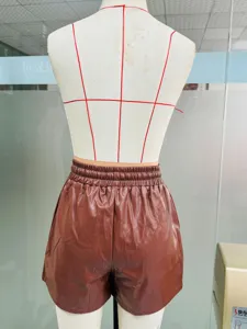 Women high waist PU leather wide leg casual shorts brown elastic waist summer fashion