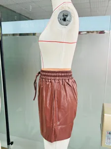 Brown PU leather high waist drawstring casual shorts for women, comfortable and stylish streetwear.
