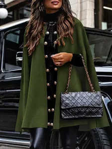 Πράσινη Κάπα Κοντό Trench Coat Κομψό Μάλλινο Μαντό Poncho Με Διπλά Κουμπιά Γυναικείο