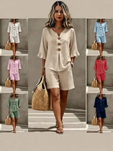 Dames Casual V-Hals Knoop 3/4 Mouw Top En Shorts Effen Kleur Tweedelig Set