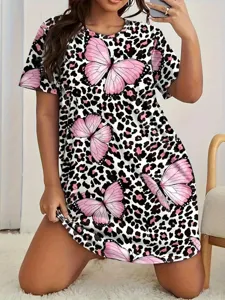Ete femmes robe manches courtes imprime leoparde papillon rose decontracte col rond