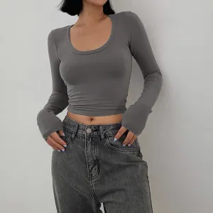Women long sleeve crop top, casual crewneck slim fit basic t-shirt for stylish outfits.