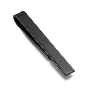 Detail view of the sleek black stainless steel tie clip showing its fine matte metal finish.