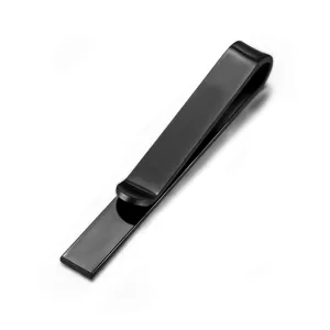 Detailed close-up shot of the black stainless steel tie clip showing its sleek finish.