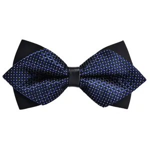 Close-up detail of the double-layer blue check bow tie with black base and center leather band.