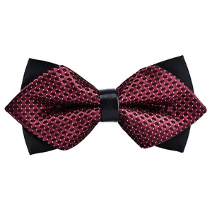 Burgundy and black checkered bow tie close-up, double layer detail, leather-like center knot.