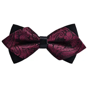 Elegant burgundy paisley bow tie for men, perfect for weddings, formal suits and groomsmen.