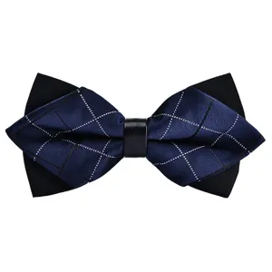 Classic double-layered plaid bow tie for men, elegant dark blue design for formal wedding suits.