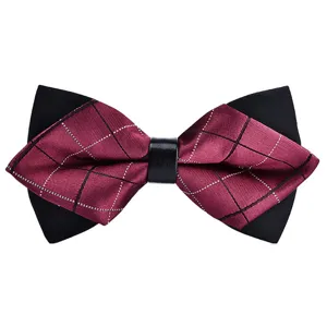 Mens burgundy plaid bow tie with black contrast detail for wedding groom suit and formal wear