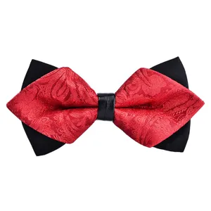 Burgundy and black layered pointed bow tie, jacquard fabric detail for men wedding suit.
