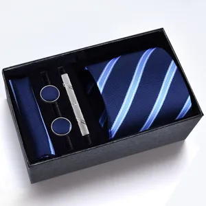 Set regalo cravatta a righe blu da uomo d'affari di lusso con gemelli e fermacravatta.