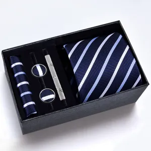 Set cravatta da affari a righe blu marino da uomo con fazzoletto gemelli scatola regalo