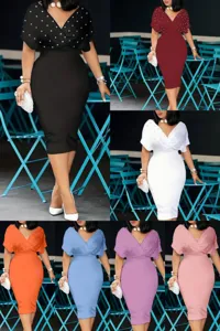 Damen Kurzarm V-Ausschnitt Perlen Midikleid Detailansicht mit mehreren Farboptionen zur Auswahl.