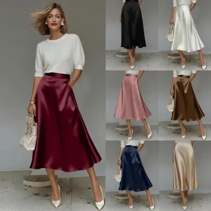 Elegant high-waist satin A-line midi skirt for women, chic commuter pleated skirt.