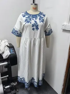 Bohemian white and blue printed midi dress casual round neck short sleeve dresses