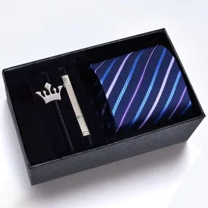 Men's business striped tie gift box set with matching tie clip and crown brooch for formal wear.