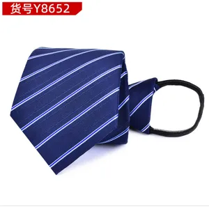 Close-up detail of blue striped men's zipper tie featuring convenient pre-tied zip mechanism.