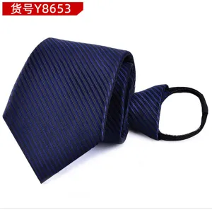 Detailed shot of the blue and black striped zipper tie, showing texture and zipper loop.
