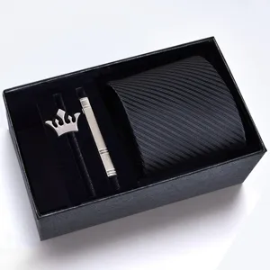 Men luxury striped tie gift box set featuring silver tie clip and crown brooch detail.