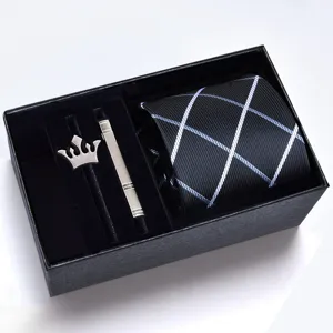 Men's business black striped necktie gift set with crown brooch and tie clip for formal wear