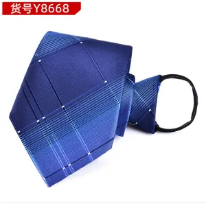 Blue plaid zipper tie detail, 8cm width business formal pre-tied necktie for men.