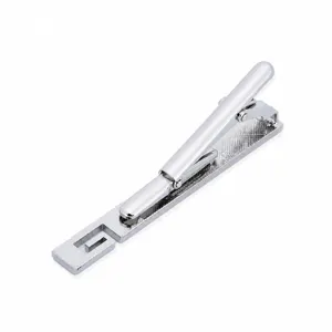 Silver men's metal tie clip with G cutout, elegant business formal suit accessory.