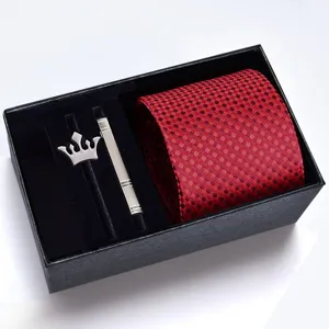 Men formal tie gift set featuring a red checkered tie, silver crown brooch and stylish tie clip.