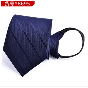 Men's zipper tie professional business necktie pre-tied navy blue striped 8cm