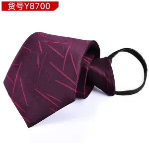 Detail shot of the purple zipper tie featuring abstract pink geometric line pattern and buckle.