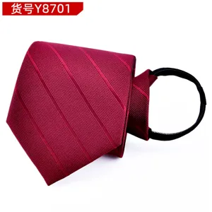 Men's pre-tied zipper necktie burgundy striped business formal wear accessory style