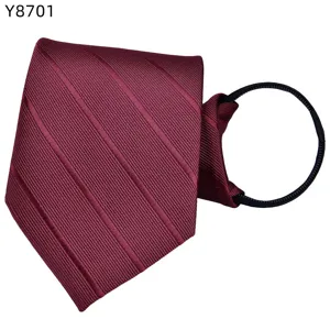 Men's burgundy striped zipper tie, easy wear no-tie necktie for business formal wear and daily use.