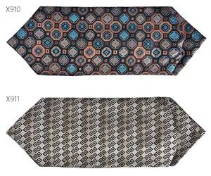 Detail shot showing retro geometric and floral patterns of men neck scarves clearly.