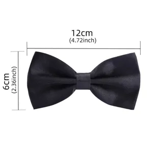 Detail view of the classic black bow tie showing precise dimensions of 12cm by 6cm for formal wear.