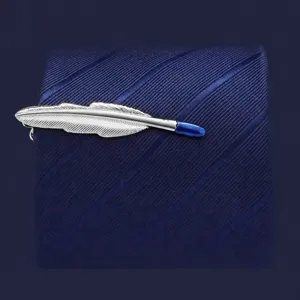 Silver feather tie clip with blue enamel tip for men business suit fashion accessory