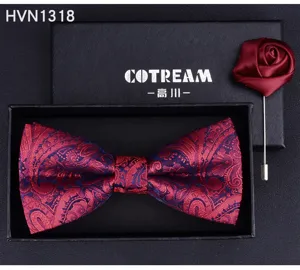 Men wedding tuxedo bow tie and brooch gift set with classic paisley pattern and rose lapel pin.