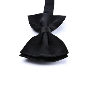 Close-up detail shot of the elegant black satin bow tie, showing the premium double layer texture.