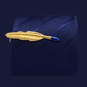 Gold feather tie clip brass tie bar with blue enamel detail accessory fine metal jewelry