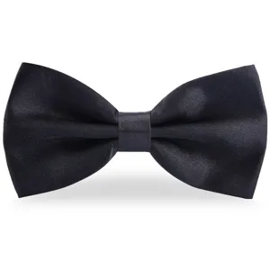 Detailed close-up of a classic black satin bow tie, showing smooth texture and double layer.