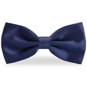 Dark blue satin bow tie for men, classic formal wear accessory for weddings and events.