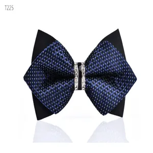 Close-up detail of the black and blue checkered bow tie with crystal rhinestone center.