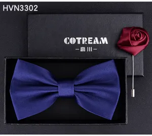 Mens blue bow tie and red rose brooch gift box set for wedding groom formal suits.