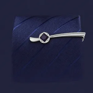 Silver tie clip with square dark stone and crystals, length 5.6cm, elegant men's suit accessory.